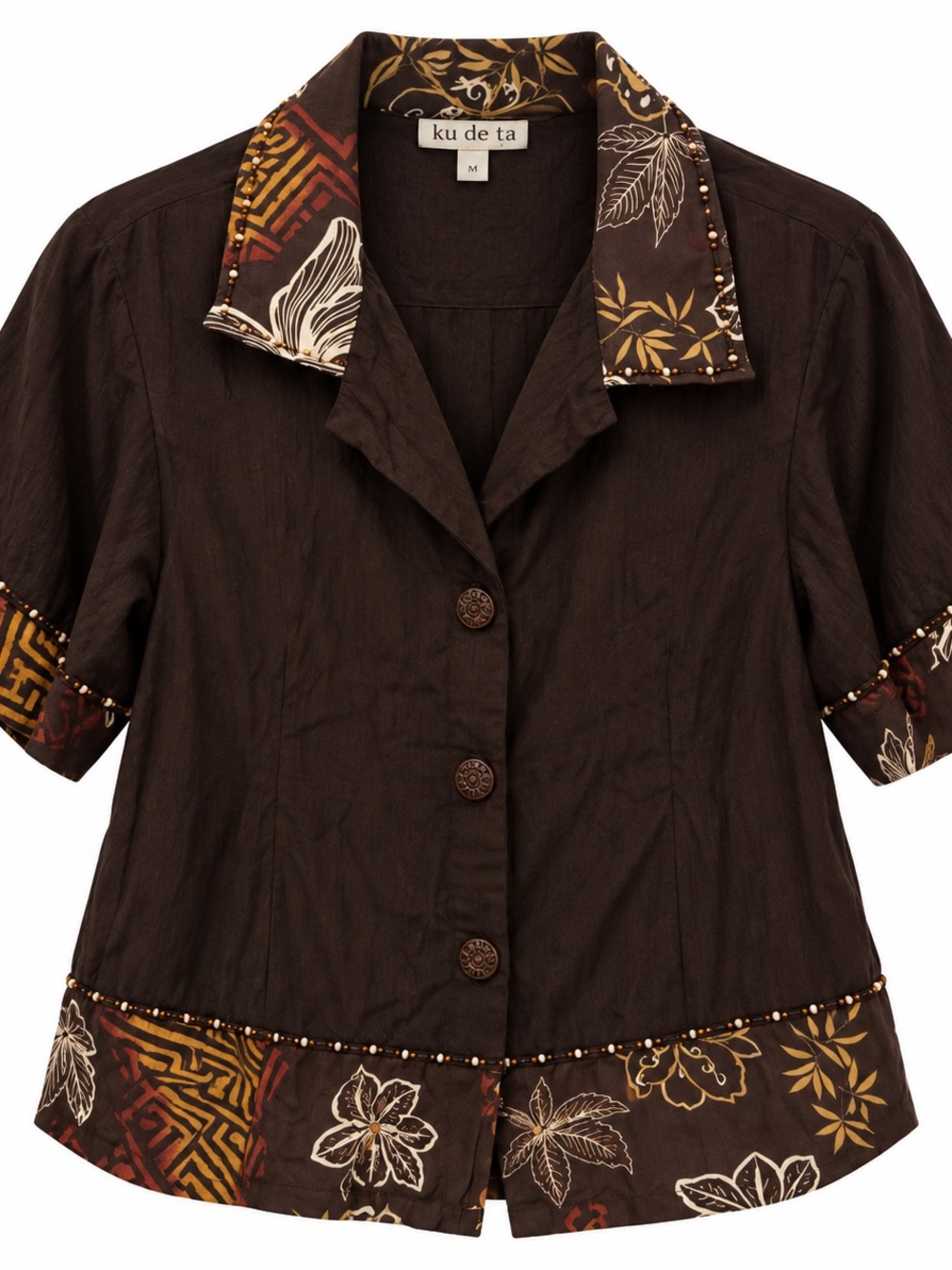 Women's Brown Short-Sleeve Button Front Top